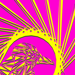 Bright abstract yellow bird on a pink background in the nest.
