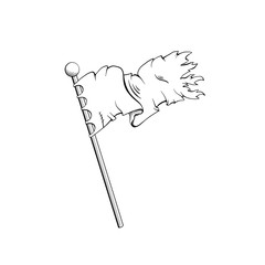 Ancient flag black and white illustration. Old weathered standard, knights, warriors accessory monochrome sketch. Waving banner, gonfalon on wooden pole engraving. Historic reenactment club logo