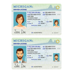 Vector template of sample driver license plastic card for USA Michigan - obrazy, fototapety, plakaty