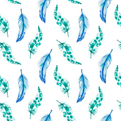 Watercolor hand painted colorful blue and green feathers illustration seamless pattern isolated on white background