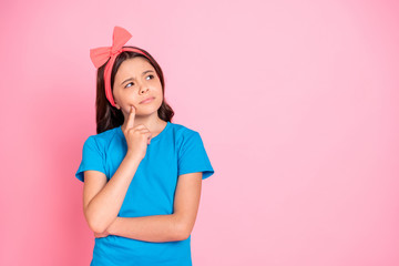 Portrait of her she nice attractive charming cute lovely winsome minded doubtful pre-teen girl creating new strategy isolated on pink pastel background