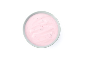 Bowl with fruit yogurt isolated on white background