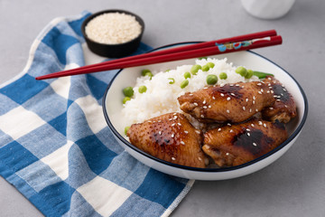 Chinese food fried chicken wings with rice
