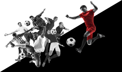 Fototapeta na wymiar Male football or soccer players emotional while playing. Sportsmen of two team fighting for the goal. Creative black and white collage of 6 people. Movement, action, motion, sport and healthy
