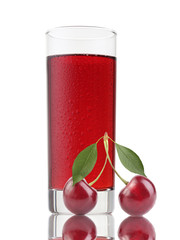 Glass of cherry juice covered by water drops isolated on white