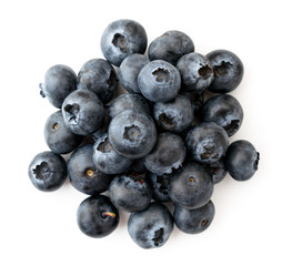 Pile bunch of ripe blueberries on a white. The view of the top.