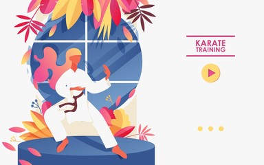 Young woman exercising in white kimono. Basic position in karate, decorated with greenery and bright round window. Landing page header banner for gym classes or studio template with karateka