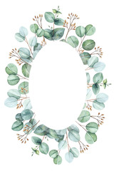 Fototapeta premium Eucalyptus leaves and branches. Watercolor oval digital frame