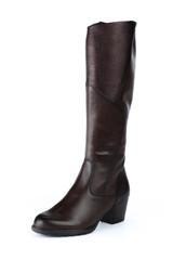 Woman high knee leather boots isolated on white background