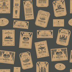 Vector seamless pattern on the theme of wine with various wine labels with images of grapes, landscapes, winery, castles, sailboats, fruits and other in retro style on the dark gray background
