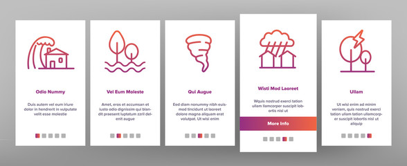 Hurricane Natural Disaster Vector Onboarding Mobile App Page Screen. Hurricane, Wind And Tornado Outline Symbols Pack. Mountain Avalanche, Flood And Lightning Isolated Contour Illustrations.