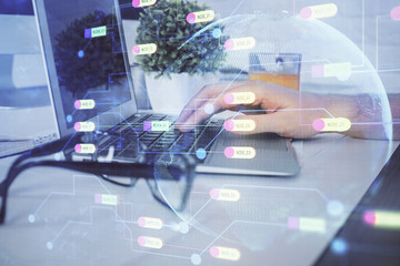 Multi exposure of tech drawings with man working on computer background. Concept of innovation.