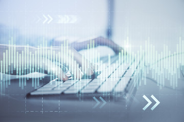 Forex graph with businessman working on computer in office on background. Concept of hardworking. Closeup. Multi exposure.