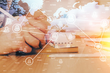 Man's hands working with notes background. Social networking scheme . Mixed media