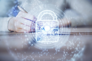 Multi exposure of woman's hands making notes with lock icon. Concept of security and protection of data