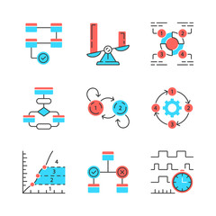 Diagram concepts color icons set. Statistics data and process flow visualization. Information symbolic representation. Comparisons among discrete categories. Isolated vector illustrations