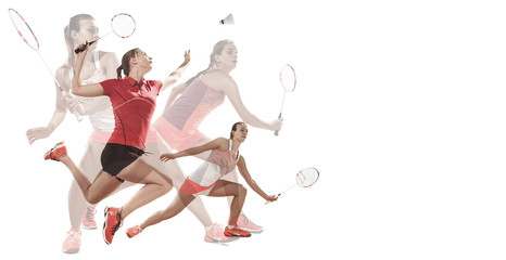 Young women playing badminton on white studio background. Fit female athlete in action, motion, movement. Attack, sport, healthy lifestyle concept. Double exposure. Creative collage made of 2 models.