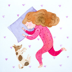 Naklejka premium Girl sleeping on a pillow with a dog watercolor