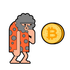 Caveman and bitcoin. Prehistoric man and cryptocurrency. Ancient man think
