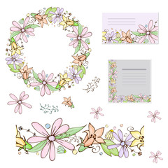 Floral set with brush, wreath and postcards. Vector.