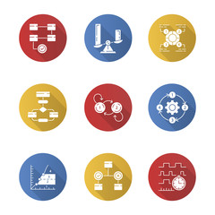 Diagram concepts flat design long shadow glyph icons set. Statistics data and process flow. Information symbolic representation. Comparisons among discrete categories. Vector silhouette illustration