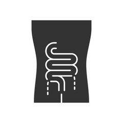 Ill intestines glyph icon. Sore human organ. Unhealthy digestive system. Sick internal body part. Gastrointestinal tract. Silhouette symbol. Negative space. Vector isolated illustration
