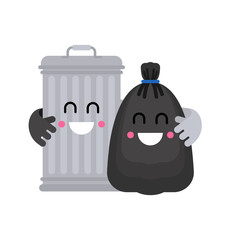 Trashcan and garbage bag friends. Trash can and black sack couple. rubbish Romance. Vector illustration