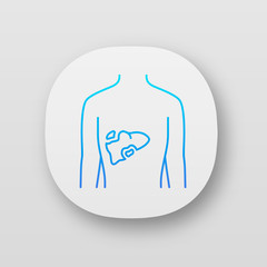 Ill liver app icon. Hepatitis, cirrhosis. Sore human organ. Unhealthy digestive gland. Gastrointestinal tract. UI/UX user interface. Web or mobile applications. Vector isolated illustrations