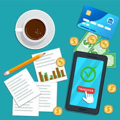 Financial audit, accounting concept. Tax report. Flat smartphone with cursor pointer clicking transfer button on screen. Project or risk management. Table with credit card, cash, paper chart