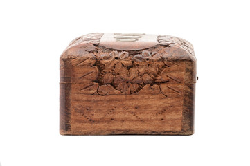 Vintage wooden jewelry box on a white background