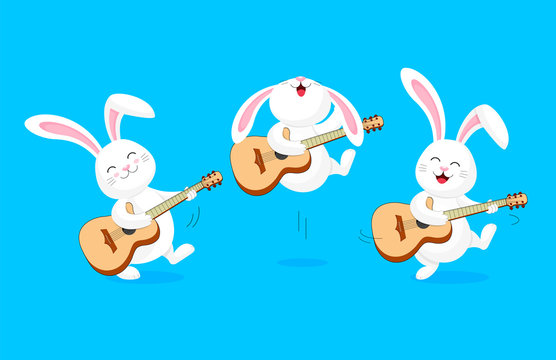 White rabbit character playing guitar. Cute bunny, cartoon character design. Illustration isolated on blue background.