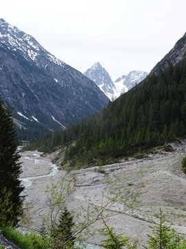 fluss, baeume und berge mit schnee