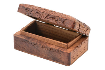 Vintage wooden jewelry box on a white background