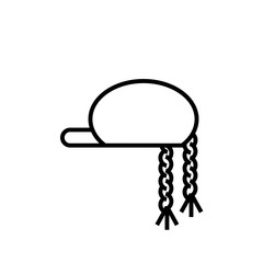 Outline icon of a winter cap with tails on white background. Hippie style hat. Isolated web design element. Flat simple style.