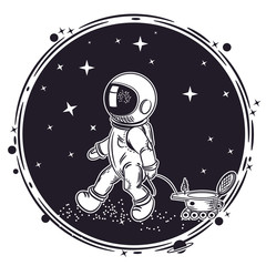 The astronaut is driving a lunar rover. Vector illustration on a theme of astronomy. Round emblem.