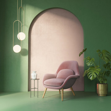 Light green and pink  interior with a dusky pink armchair