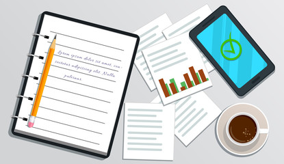 Accounting, financial audit, business planning concept. Market research. Realistic notebook with text, smartphone with check mark on screen, pencil, cup of coffee, chart isolated on white table