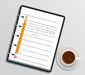 Realistic notepad notebook with text, pencil and cup of coffee isolated on white table. Diary for business. Office stationery items. Flat design for school, education and paperwork.