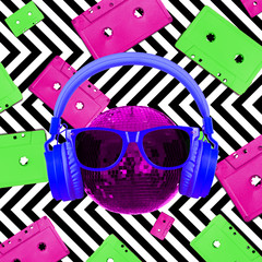Disco ball in headphones ands sunglasses. Retro style pop disco design. Fashion party, abstract...
