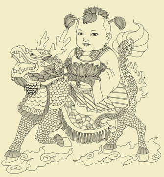 Illustration of traditional Chinese Pattern and Drawing "Qi Lin Brings the Talented Son"