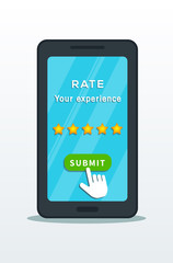 Five star quality rating system on smartphone screen with hand cursor pointer click on submit button isolated on white background. Customer review, online feedback or testimonial. Design for banner