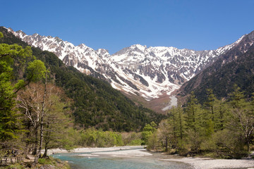 View on the valley of Kamikochi, Chubu Sangaku National Park, Nagano, Japan. Beautiful surroundings in the Japan Alps for hiking, walking and to enjoy nature to the fullest. Be in harmony with nature