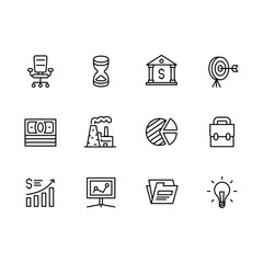 Business outline icon simple symbols set. Contains such icon business office armchair, hourglass, bank, money, goal, profit growth, idea light bulb, industrial plant.