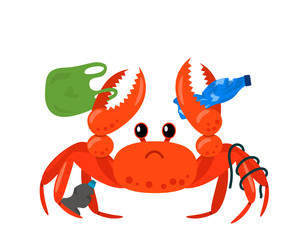 Sea crab entangled in plastic on the background of landfills and garbage bags on the beach. coastal polluted human waste. Take care of nature. flat vector illustration