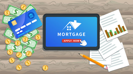 Mortgage loan online concept. Buy real estate, property investment, home loan. Flat tablet or smartphone with house logo and apply now button on desk with cash, credit card, paper chart and pencil.