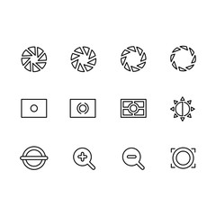 Photography and photo camera, video shooting icon simple symbols set. Photo camera settings, aperture diaphragm, approach, distance and other options.