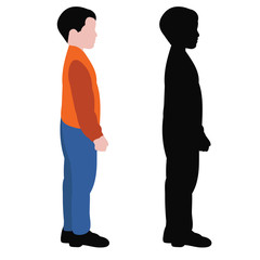  isolated, silhouette of a child and in a flat style the boy is standing sideways