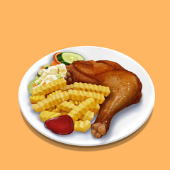 A illustration of Hong Kong style food Roast chicken leg with chips and salad 