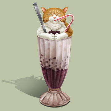 A Illustration Of Hong Kong Style Drink Ice Red Bean With Cat