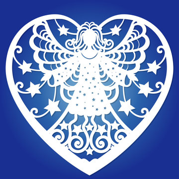 Template for laser cutting. Angel in a frame in the shape of a heart. Vector